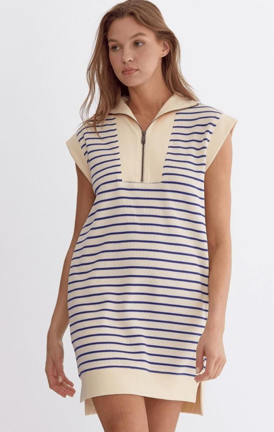 Women Lockwood Dresses & Jumpsuits | Stripe Half-Zip Shirt Dress In Cream Blue