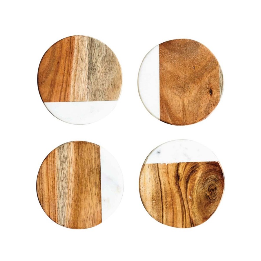 Home Lockwood Kitchen | Round Marble And Mango Wood Coasters-Set Of 4