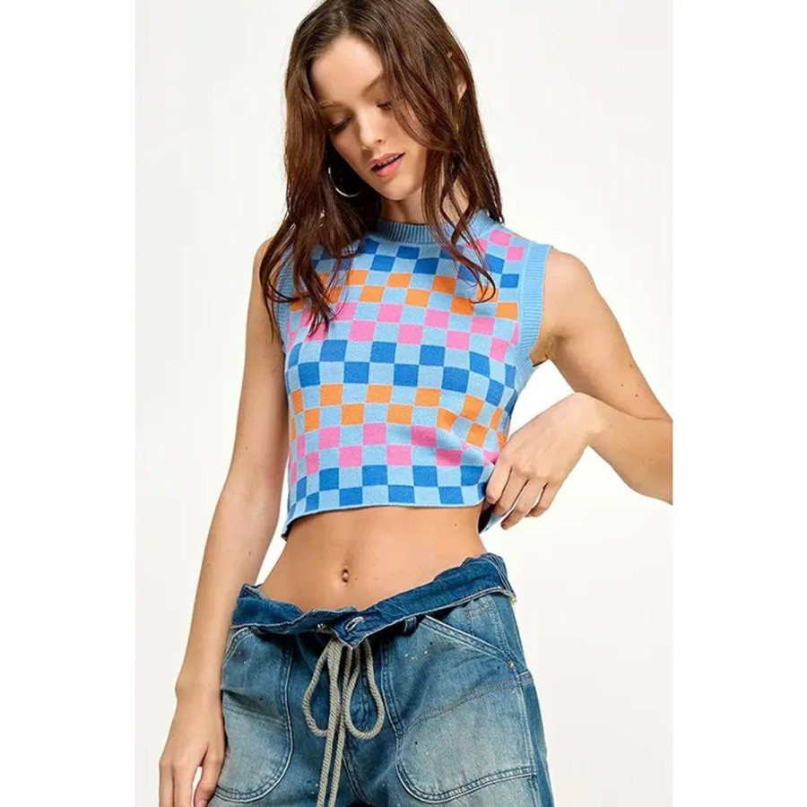 Women Lockwood Sweaters & Jackets | Colorful Checker Cropped Knit Sleeveless Top