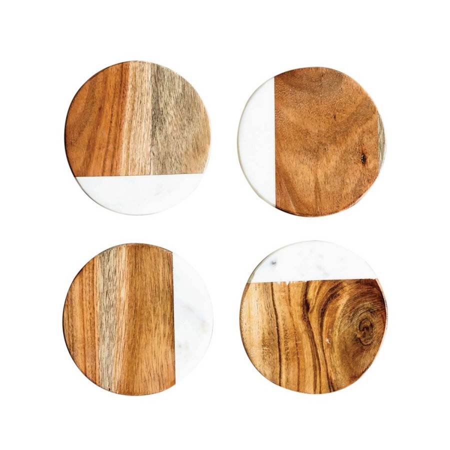 Home Lockwood Tabletop & Serving | Round Marble And Mango Wood Coasters-Set Of 4