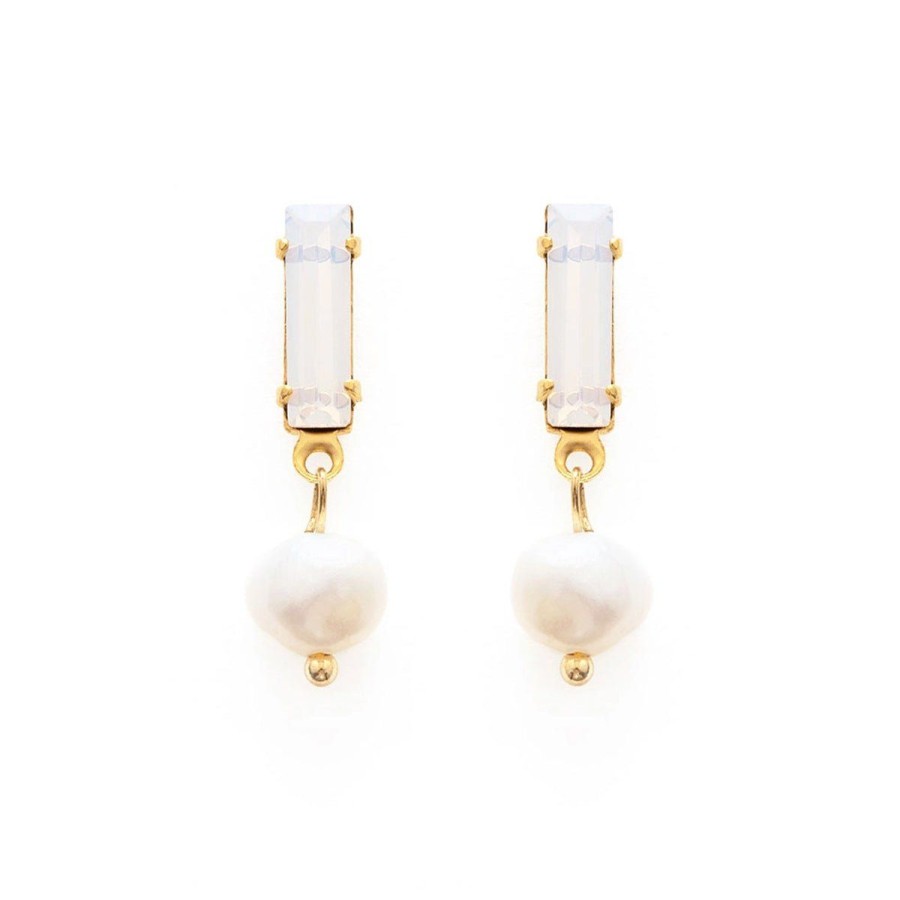 Accessories Lockwood | Baguette Crystal With Pearl Stud Earrings-Opal