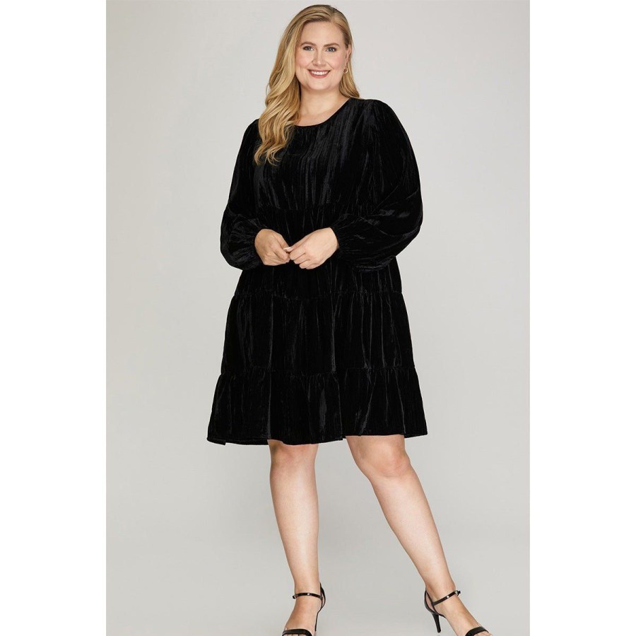 Women Lockwood Dresses & Jumpsuits | Plus Crinkle Velvet Tier Dress In Black