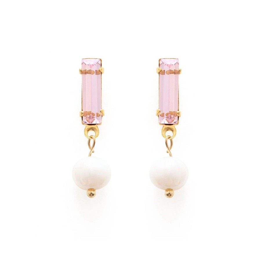 Accessories Lockwood | Baguette Crystal With Pearl Stud Earrings-Pink