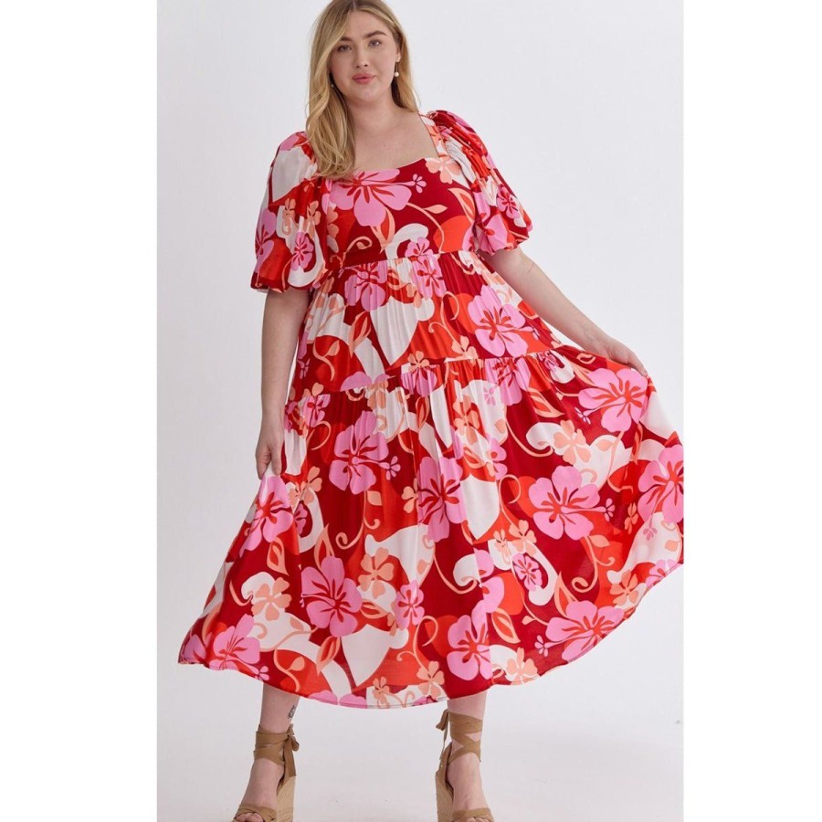 Women Lockwood Dresses & Jumpsuits | Plus Floral Puff Sleeve Midi Dress In Red Combo