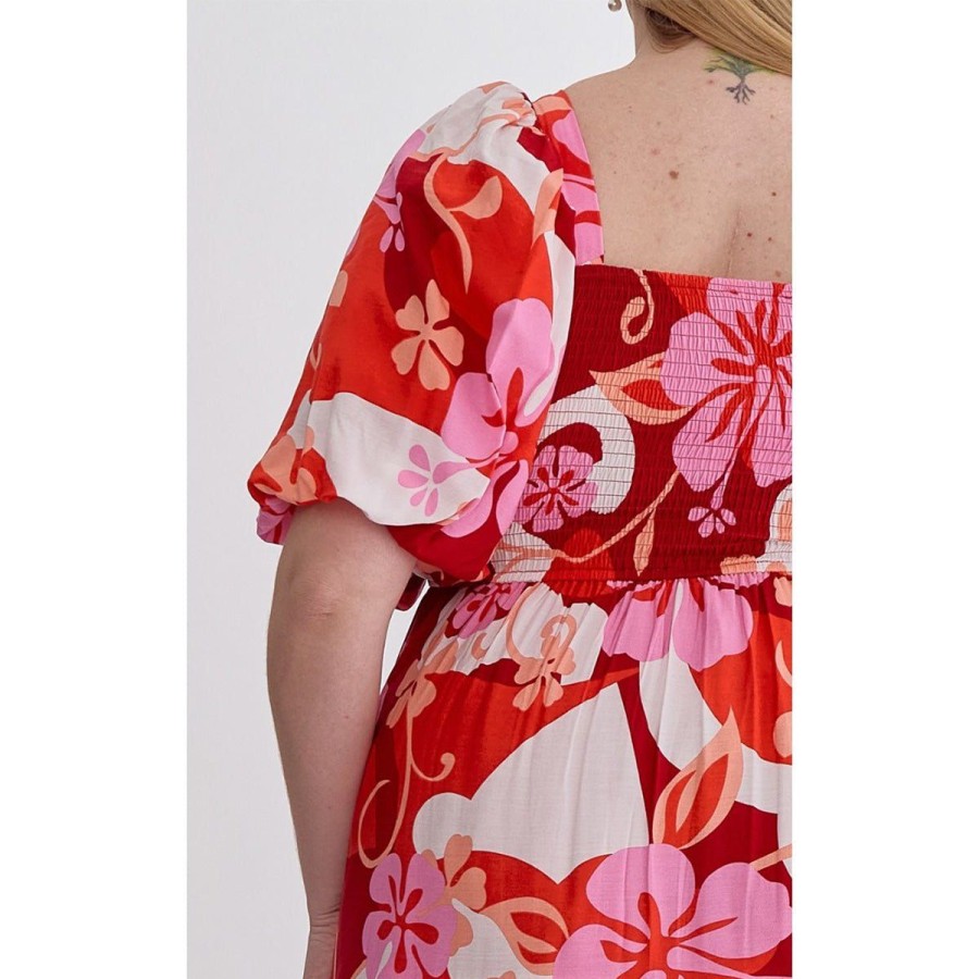 Women Lockwood Dresses & Jumpsuits | Plus Floral Puff Sleeve Midi Dress In Red Combo