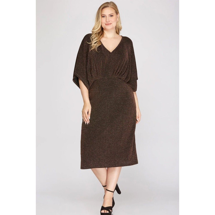 Women Lockwood Dresses & Jumpsuits | Plus Kimono Sleeve Stretch Knit Midi Dress In Multi Gold