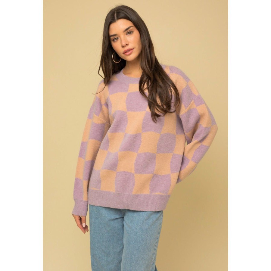 Women Lockwood Sweaters & Jackets | Irregular Checkerboard Sweater In Lavender/Apricot