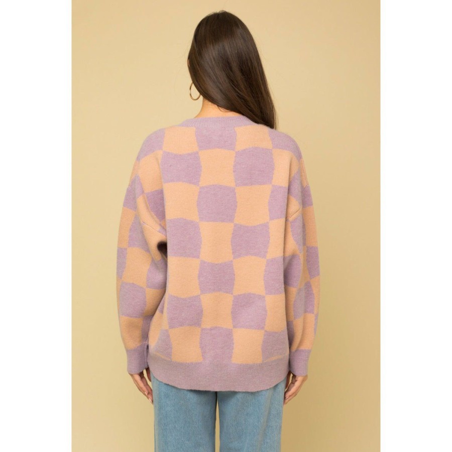 Women Lockwood Sweaters & Jackets | Irregular Checkerboard Sweater In Lavender/Apricot